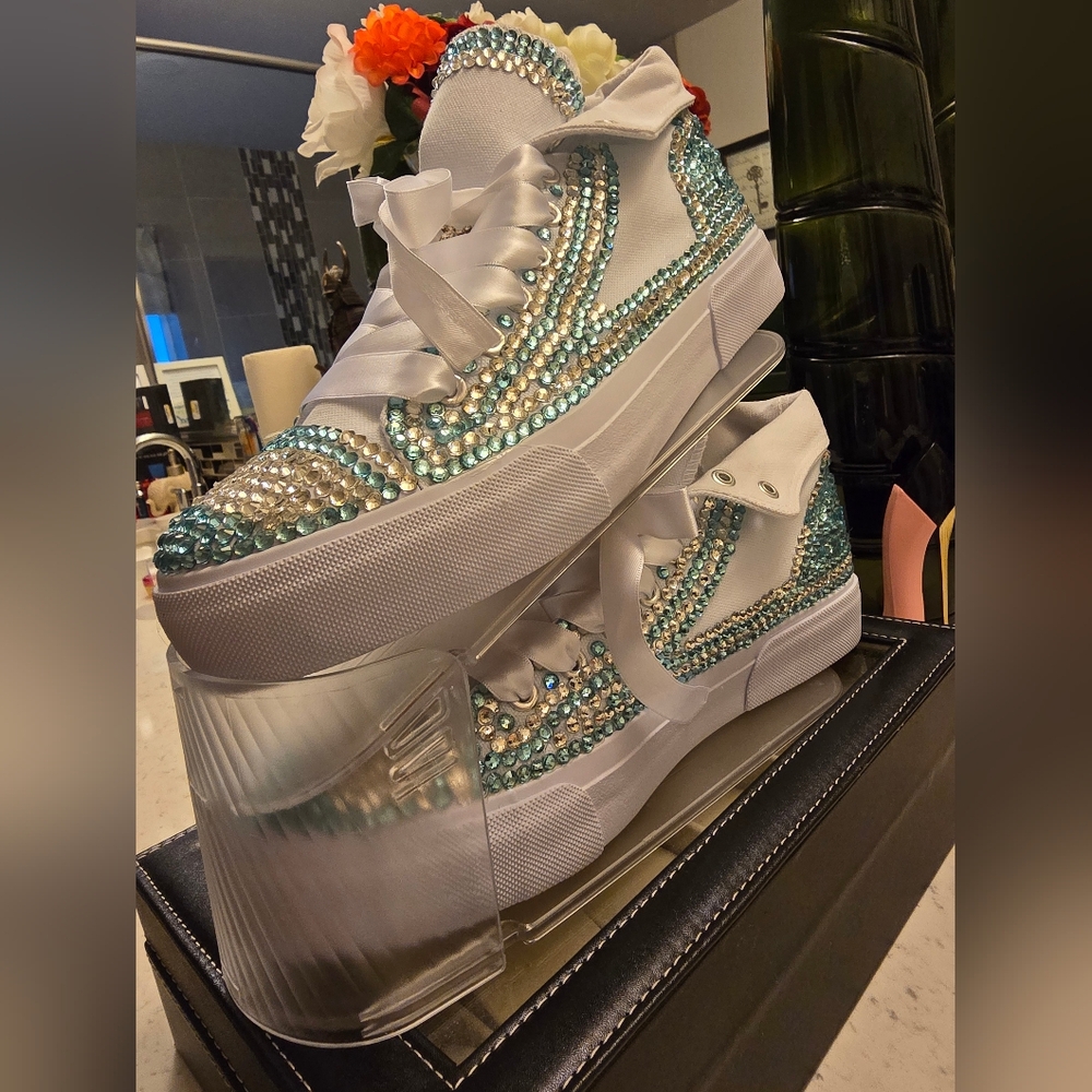Crystal-Embellished White and Blue Women's Sneakers